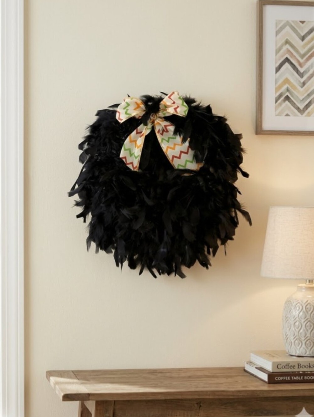 Handmade Feather Wreath With Bow-14" Black/Orange Green Zigzag